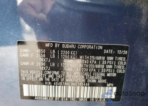 2021 Subaru Outback Limited z USA, uszkodzony, nr VIN 4S4BTANC9M3145448